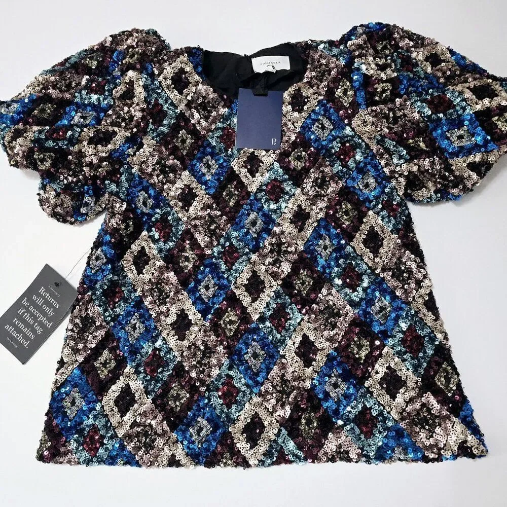 Nwt - Tuckernuck -‎ S - Pomander Place Multi Sequin Jada Blouse Blue